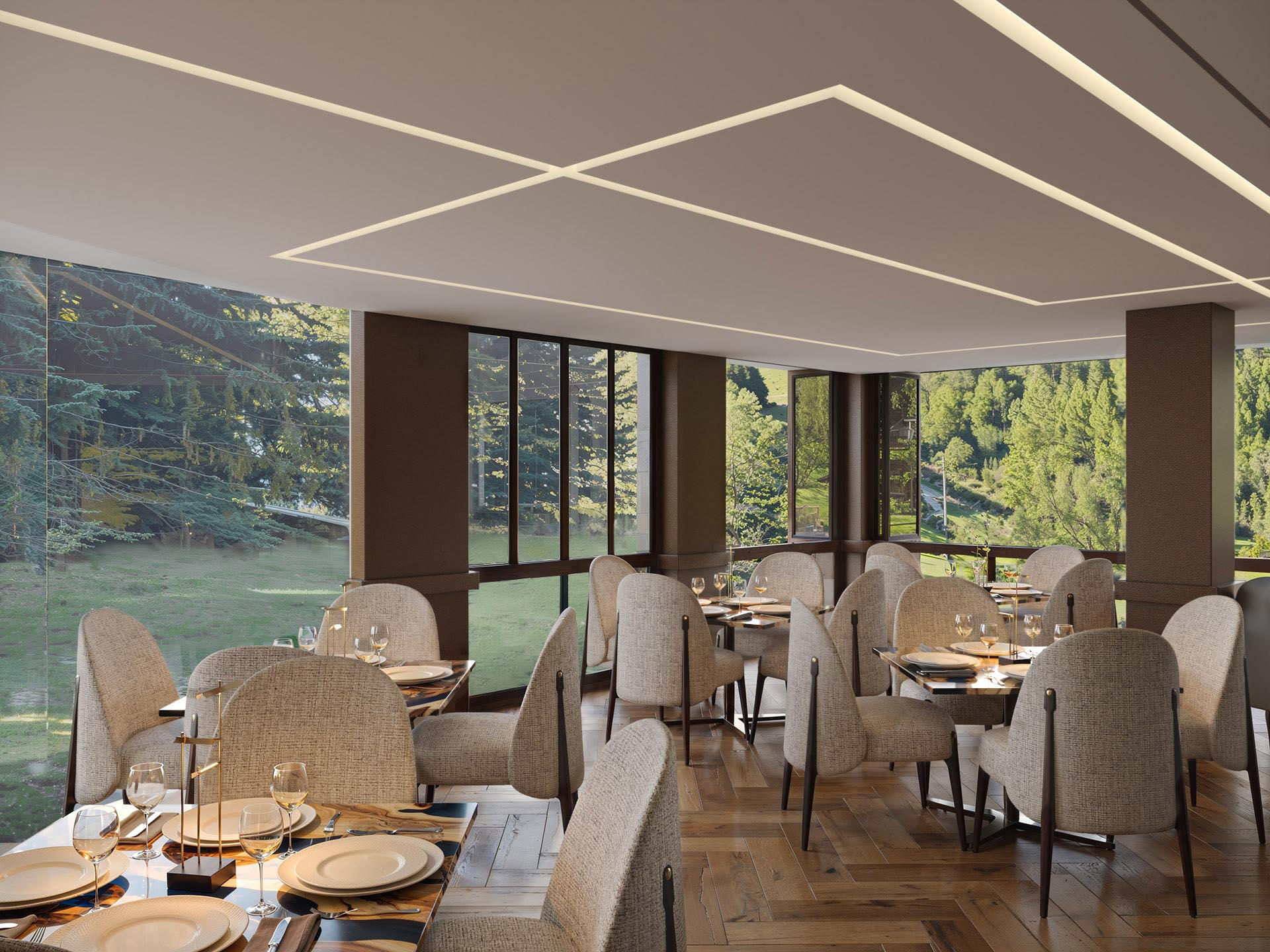Сучасний інтер'єр ресторану з панорамними вікнами на гірському курорті. Рендери