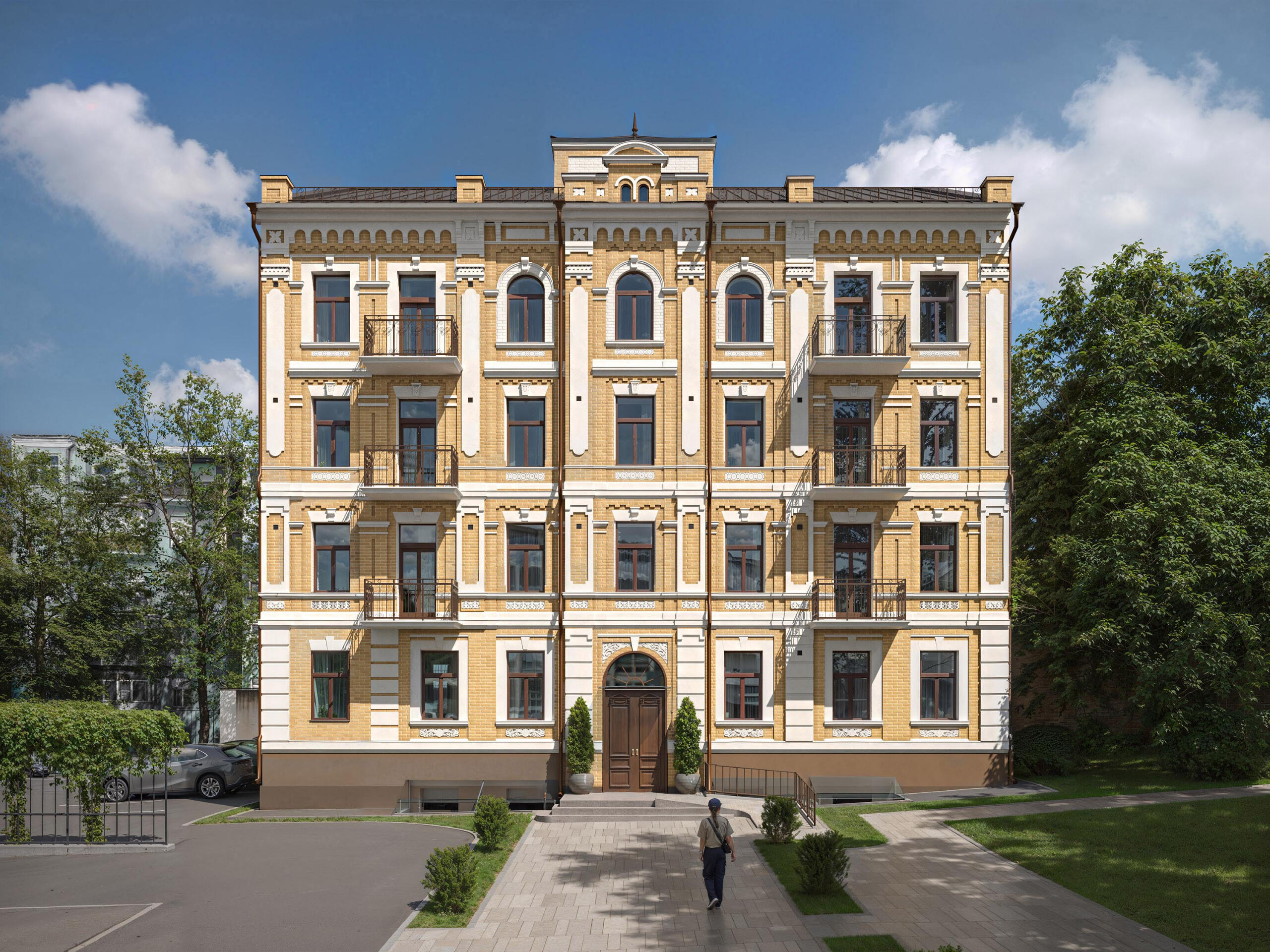 Детальна 3D-візуалізація відреставрованого класичного жовтого фасаду будівлі. Київ
