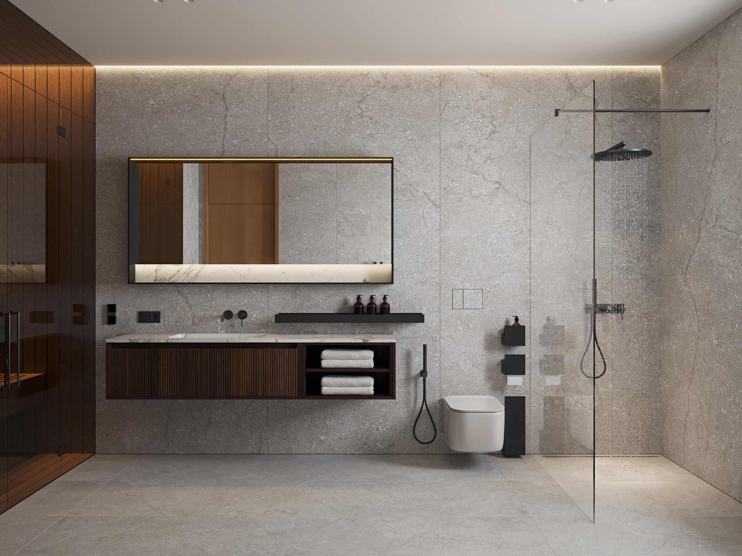 Сучасна мінімалістична ванна кімната в європейському стилі з сауною, душем і великим дзеркалом