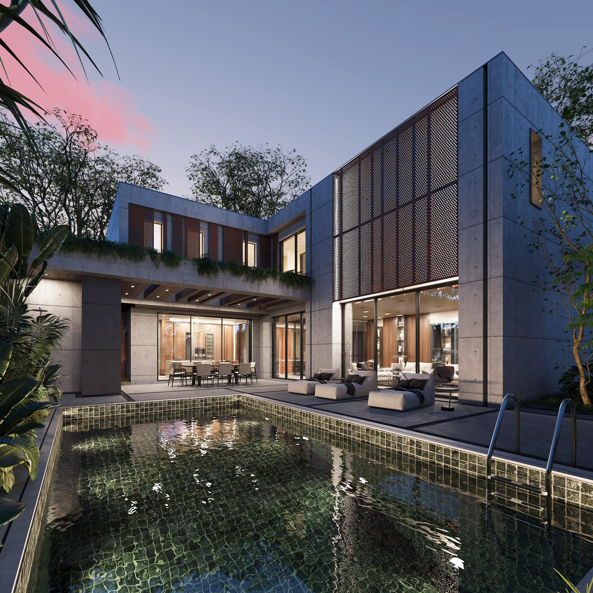 luxury-modern-house-with-pool Сучасна бетонна вілла з дерев'яними панелями та басейном. Фотореалістична 3D візуалізація