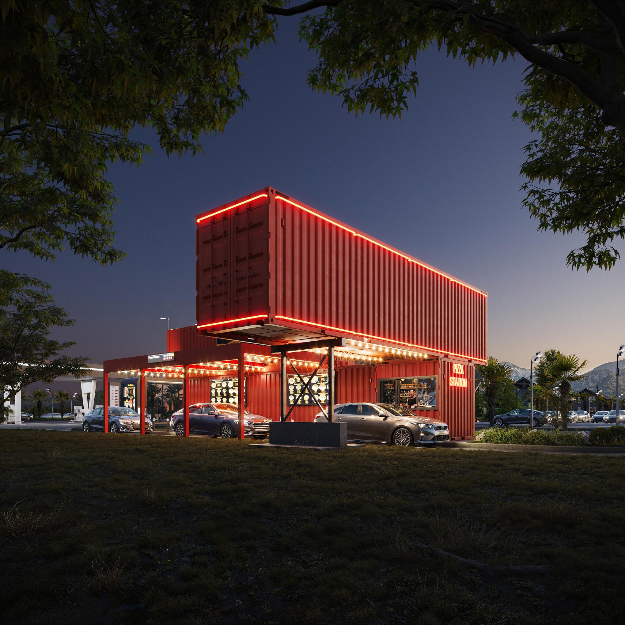 Нічний рендеринг придорожньої закусочної з кубоподібним дизайном біля дороги - архітектурна концепція High End рендеринг