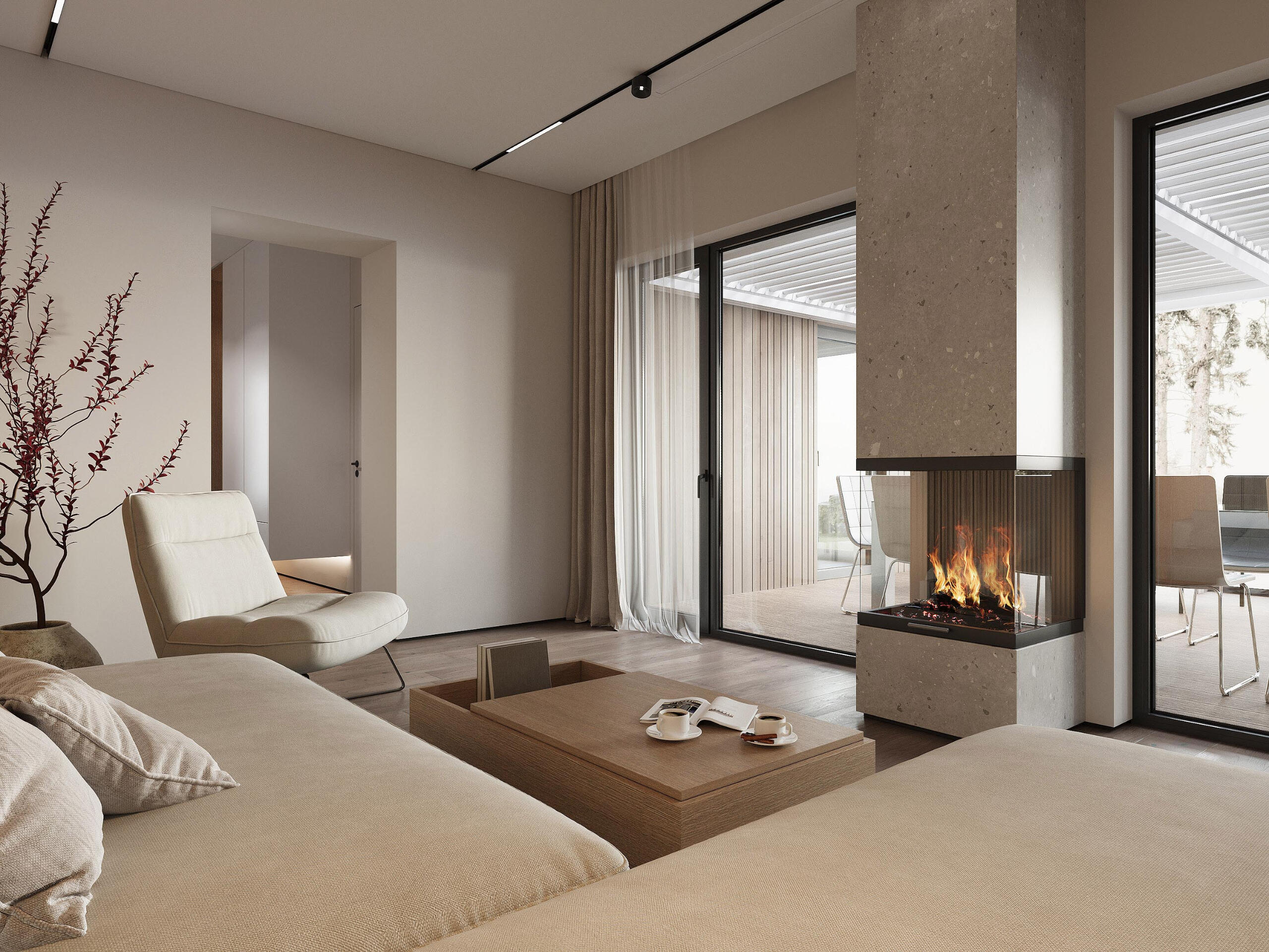 Modern living room with open space concept Фотореалістична візуалізація стильної сучасної вітальні з каміном/ Після навчання ти зможеш так само.
