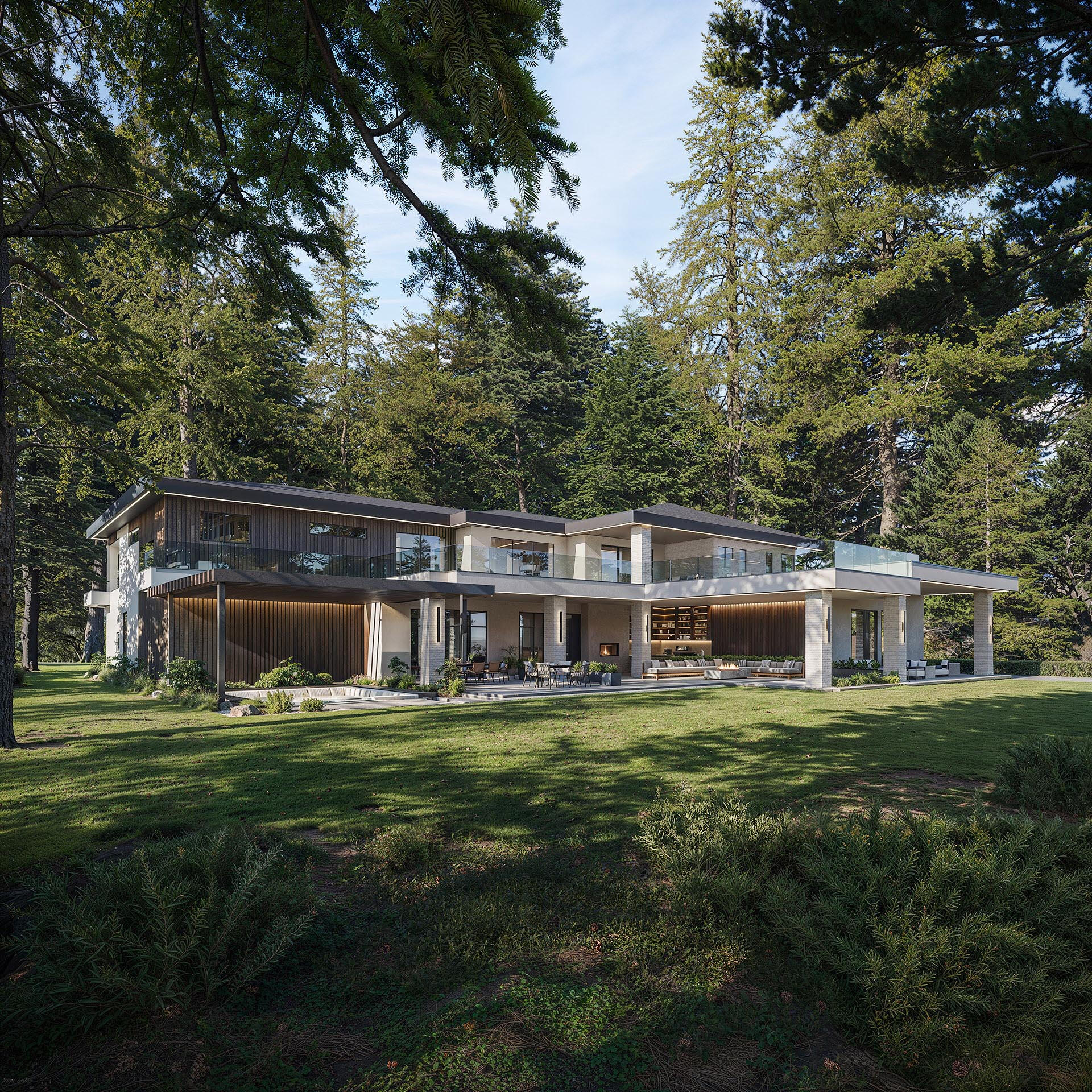 modern-house-in-forest-3d-visual Сучасний будинок на лісовій галявині - візуалізація дизайну відкритого простору