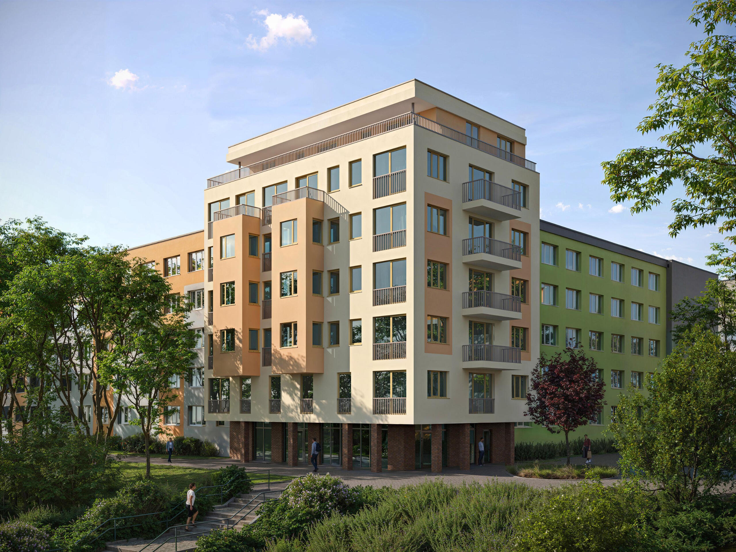apartment-complex-yellow-facade-render Житловий будинок з екологічним дизайном та жовтим фасадом - деталізована 3D візуалізація