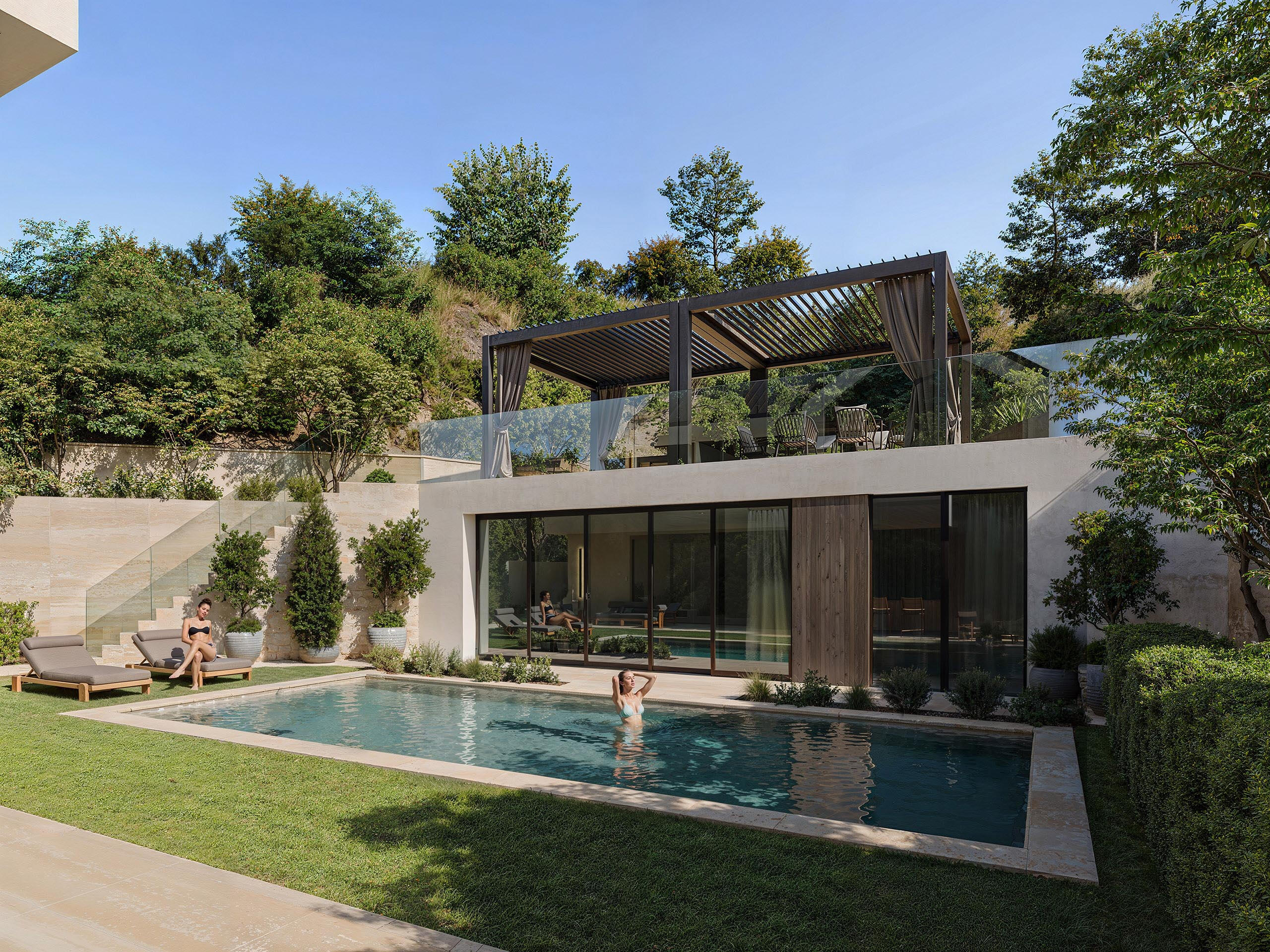 luxury-villa-with-pool-and-garden-3d-visual Розкішна вілла з басейном і дерев'яною альтанкою в ландшафтному саду. Записуйся на курс 3д візуалізації.