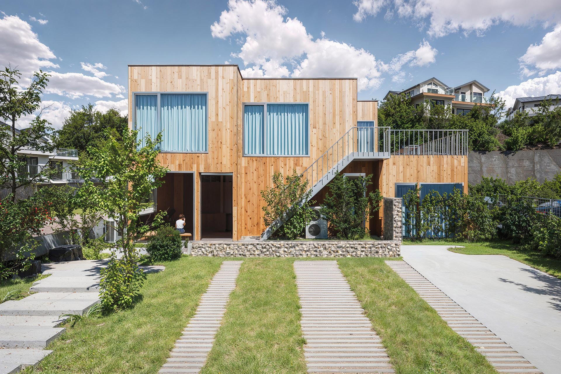 Сучасний стоматологічний центр з фасадом, облицьованим деревом, та приватними доріжками - фронтальна візуалізація 3ds Max