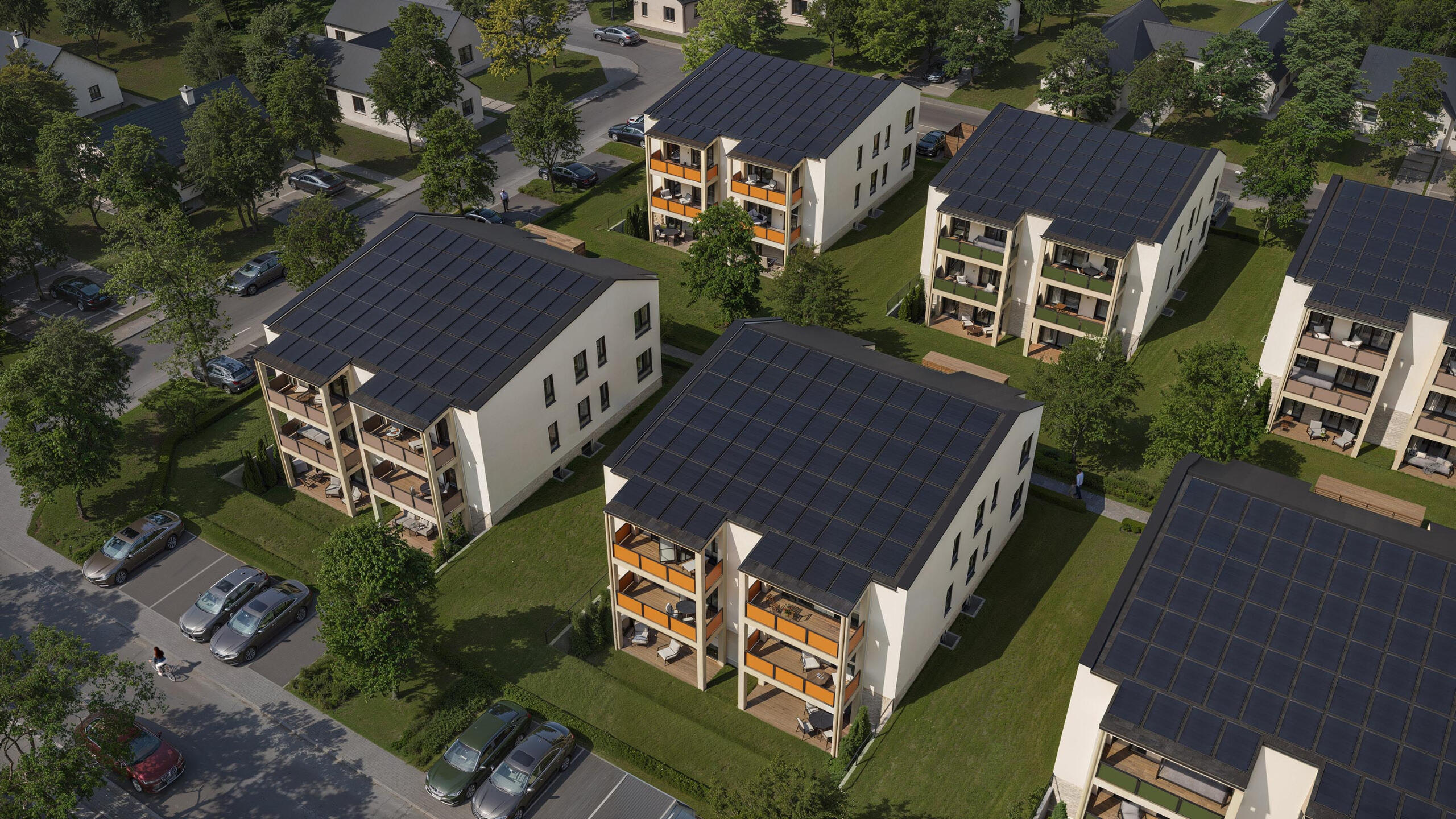 modern-residential-blocks-aerial-render Аерофотозйомка сучасних житлових багатоквартирних будинків з балконами та зеленими насадженнями