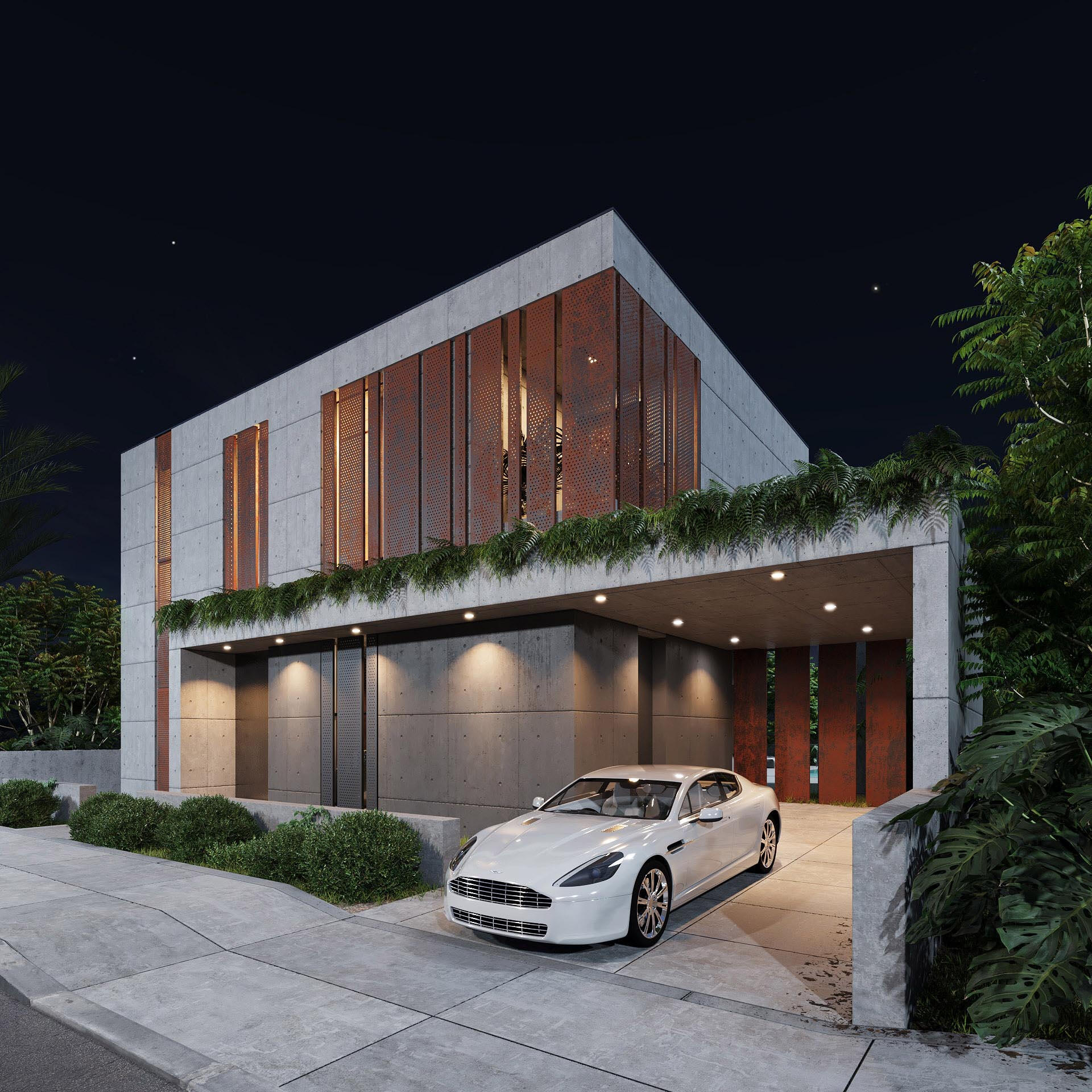 modern-metal-and-concrete-house-at-night Сучасний бетонний будинок з металевим фасадом з вбудованим гаражем та освітленням - нічний вид. Фотореалістичний рендер