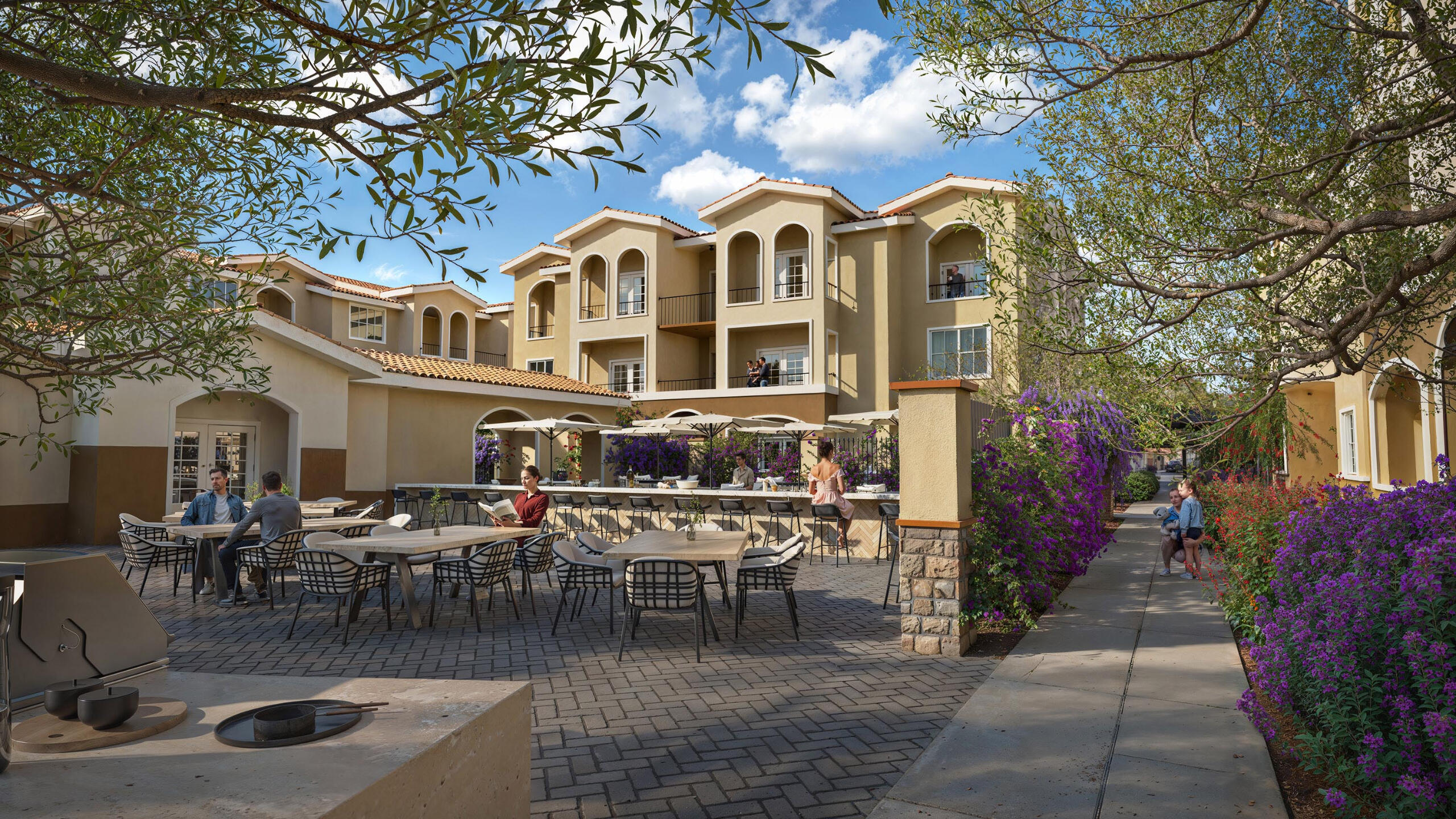 mediterranean-style-courtyard-cafe Дворове кафе в житловому комплексі в середземноморському стилі - денний рендер