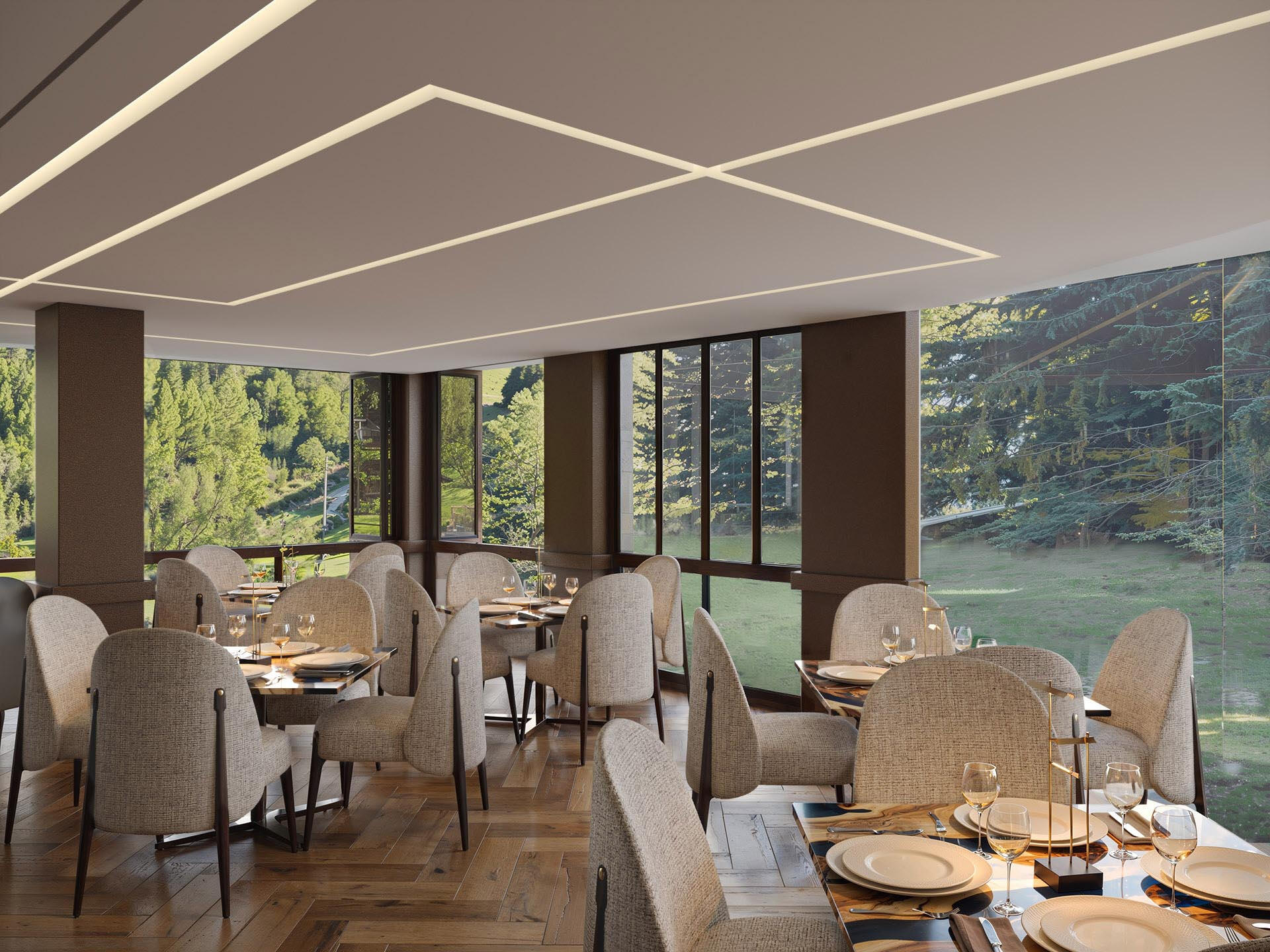 Modern restaurant interior with panoramic windows in a mountain resort