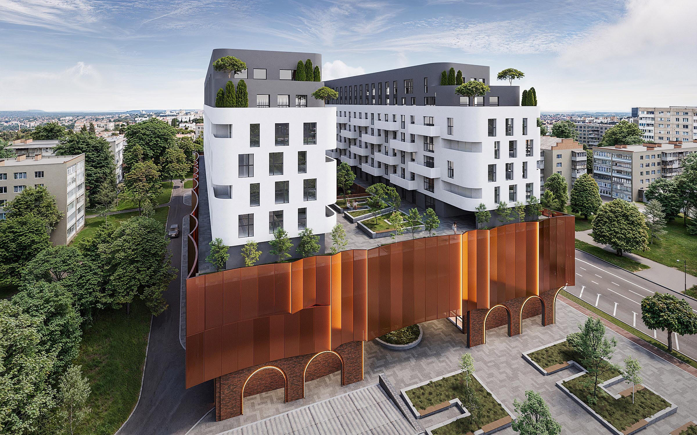 Architectural concept of a modern white hotel complex and shopping center