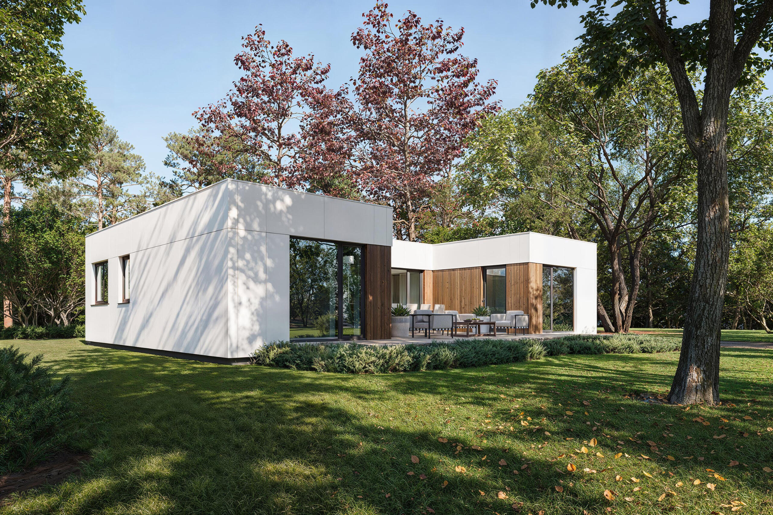 White one-storey modern modular house surrounded by a green garden - 3D visualization