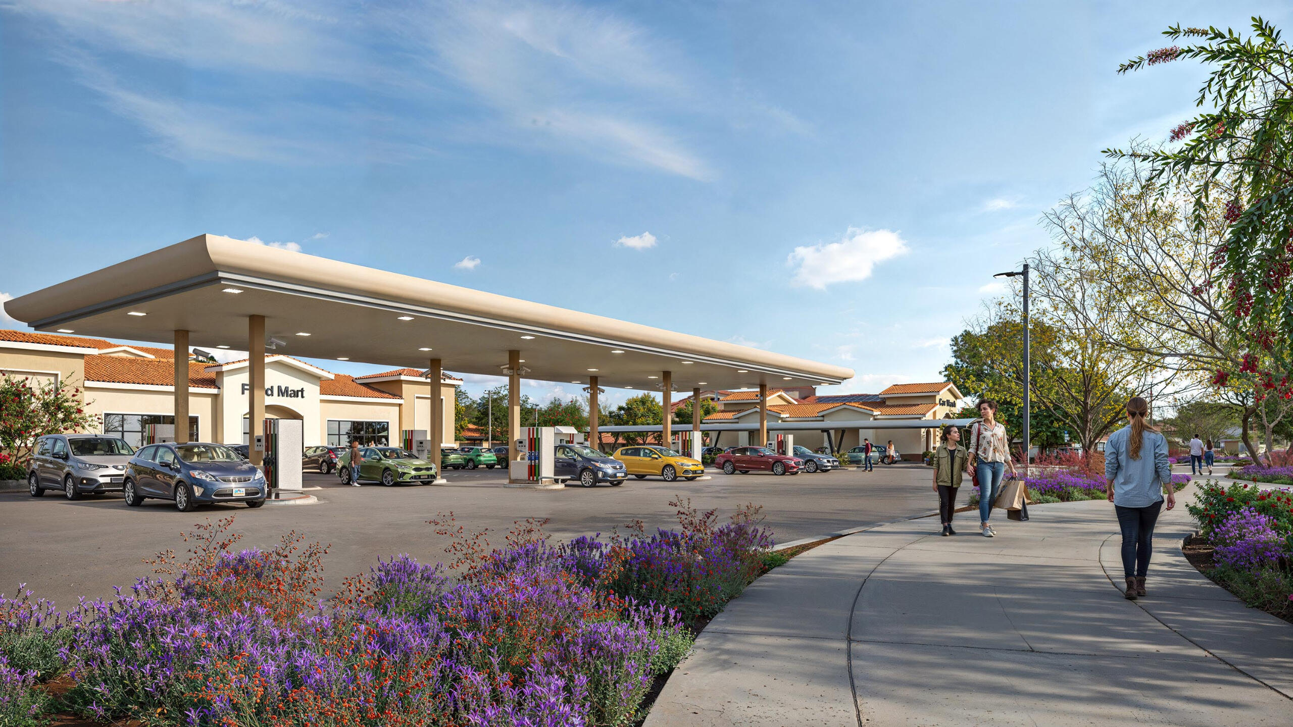 Architectural visualization of a modern gas station with landscaped walkway