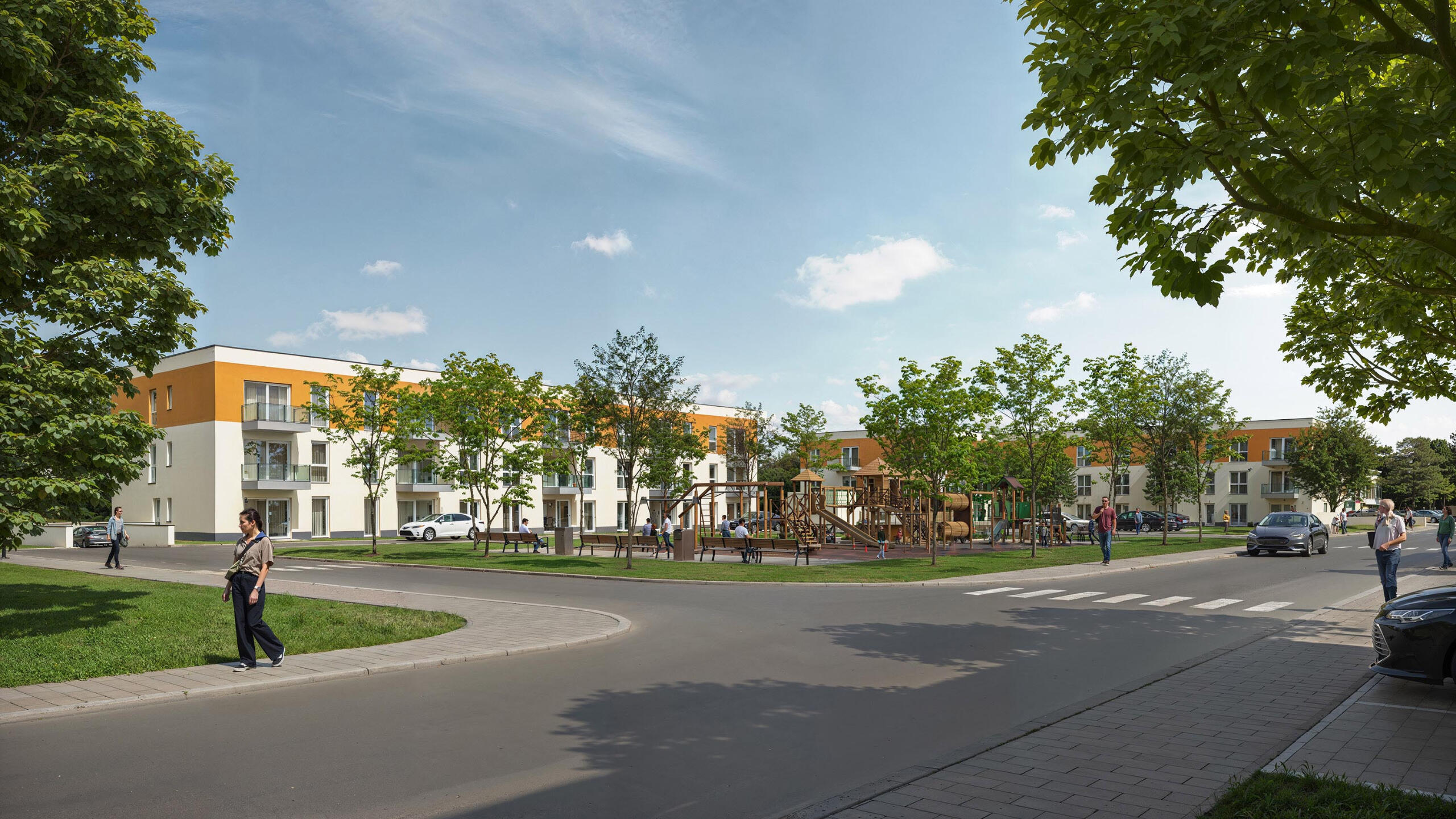 residential-district-roundabout-visual Render of a residential area with roundabout and low-rise buildings