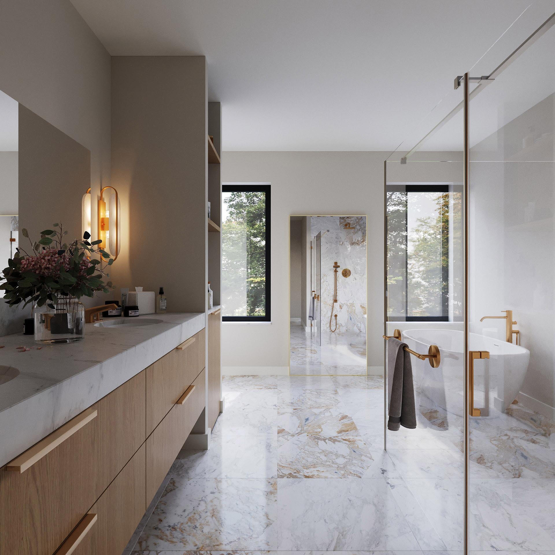 Photorealistic modern bathroom rendering with white marble, black fixtures, and natural light.