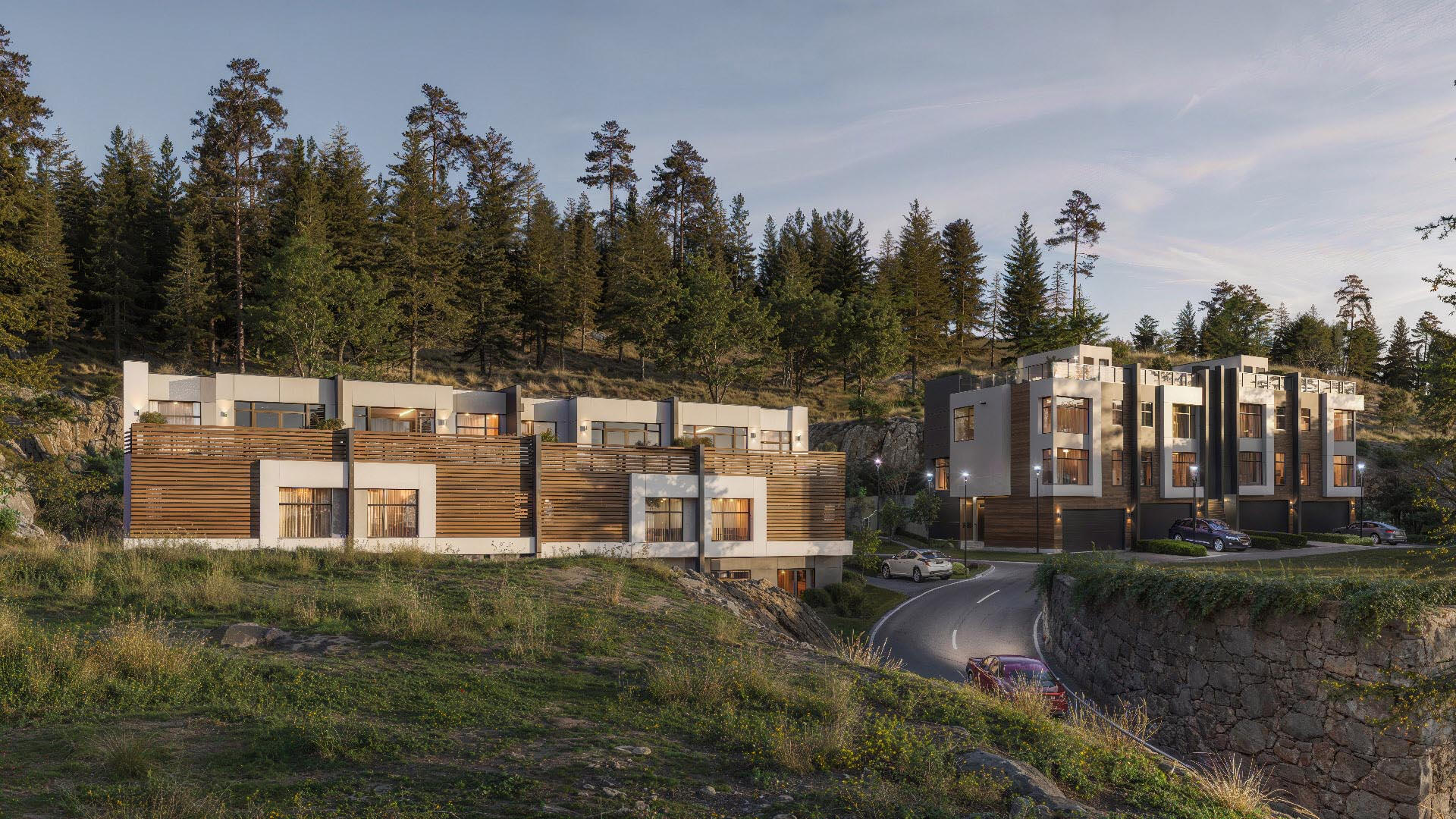Architectural render of modern hillside townhouses with natural landscape Real Estate Renderings