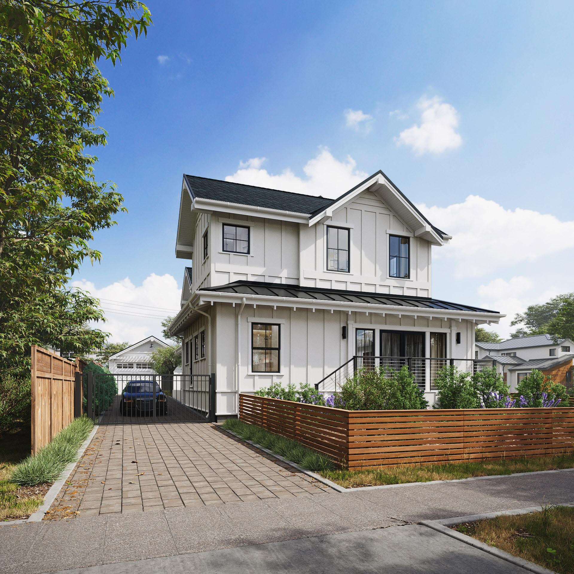 classic-american-house-3d-visualization 3D visualization of a classic one-story American house with white facade Real Estate Renderings