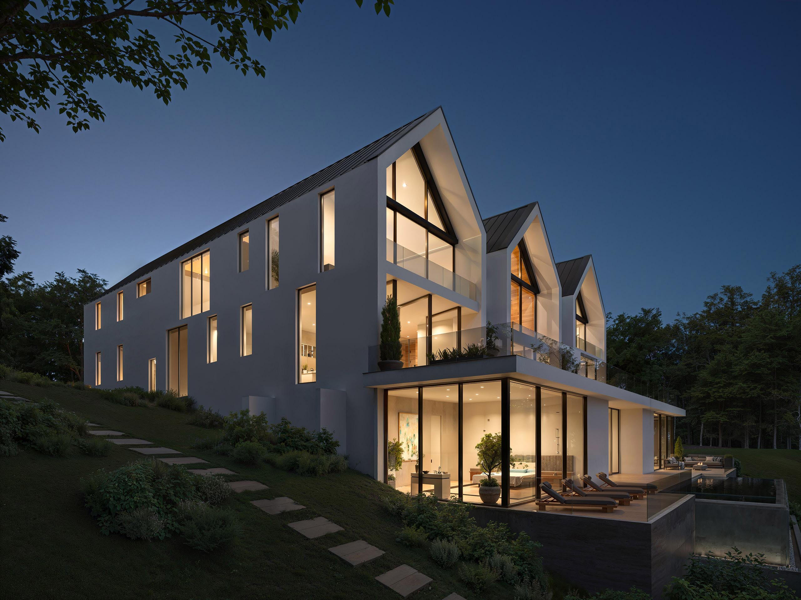 Night view of a minimalist angular house with warm lighting and forest backdrop Photorealistic Rendering