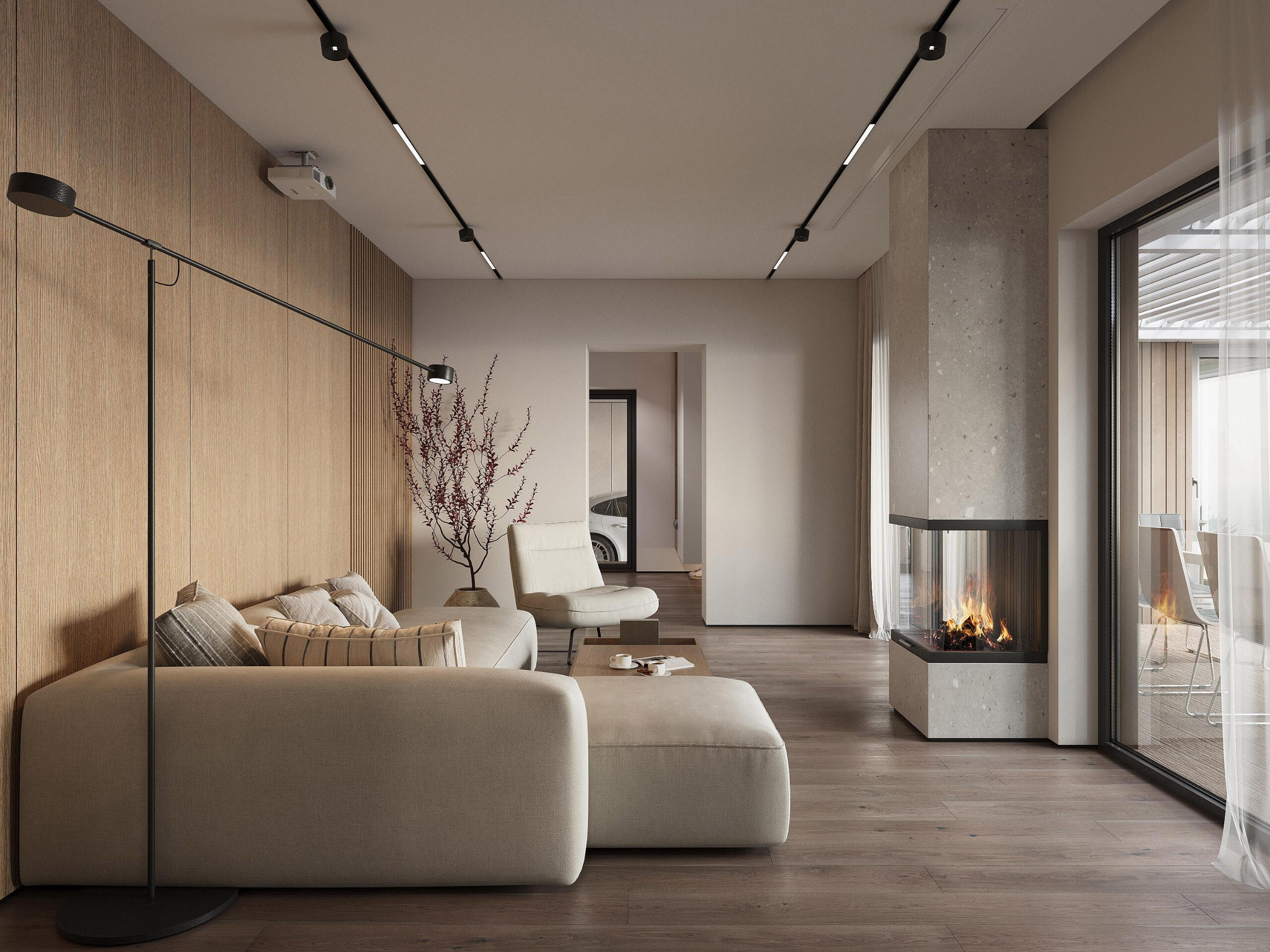 Minimalist living room with neutral palette and fireplace – interior render