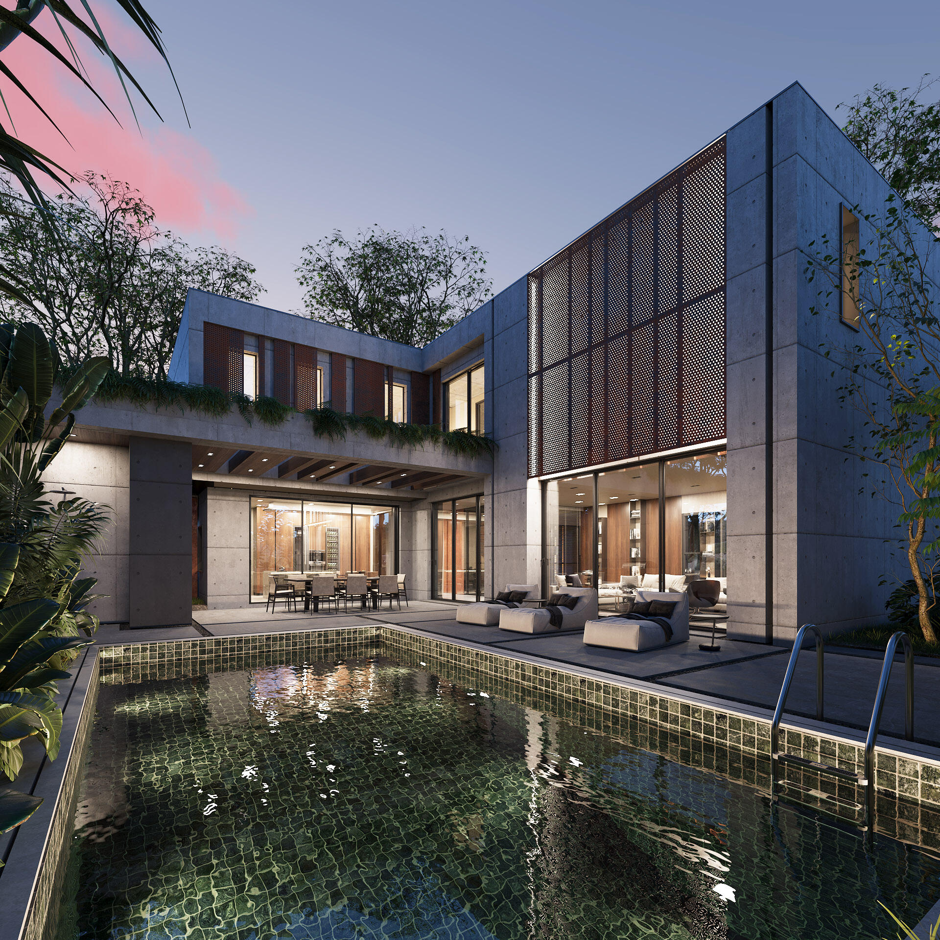 luxury-modern-house-with-pool Modern concrete villa with wood paneling and a reflection pool 3D render