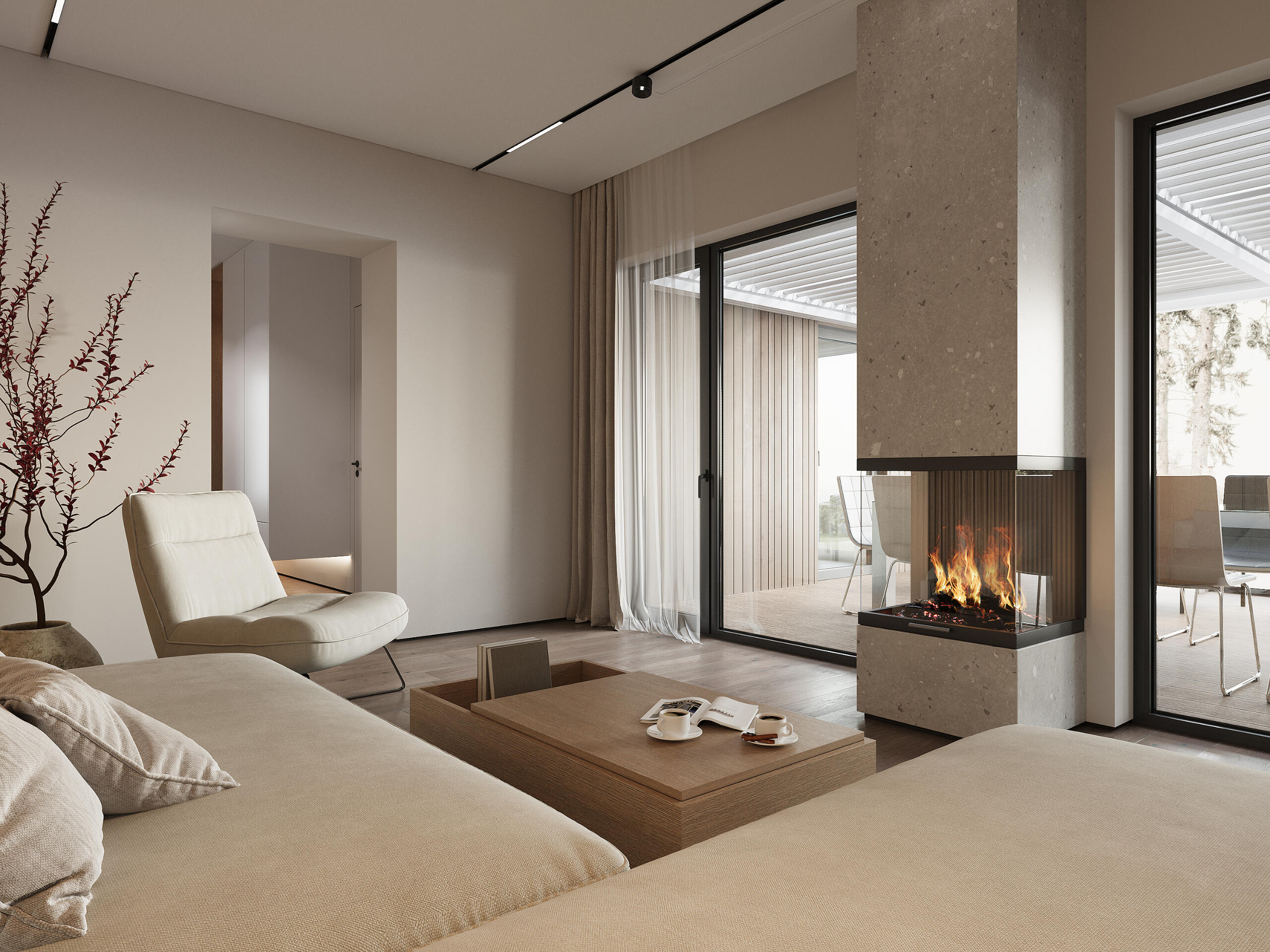 Modern living room with open space concept Photorealistic rendering of a stylish contemporary living room with a fireplace, showcasing warm tones and comfortable furnishings