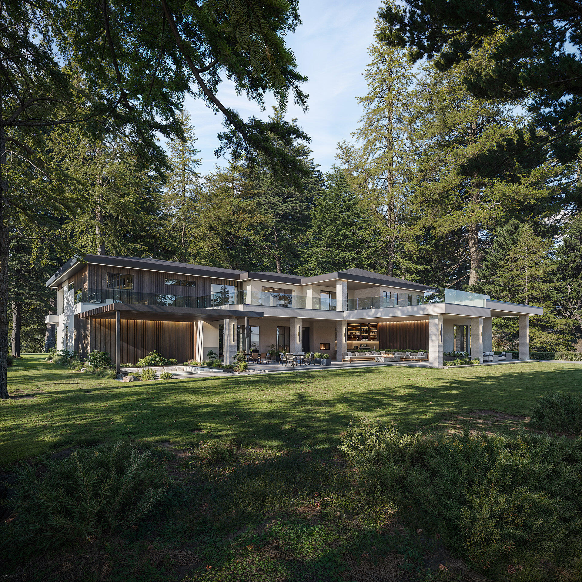 Modern wooden house in forest clearing – open space design render