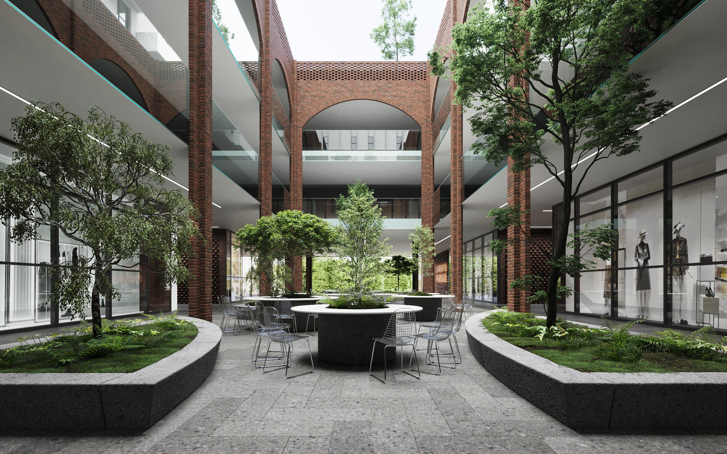 High-quality 3D rendering of a shopping center courtyard with brick architecture and greenery