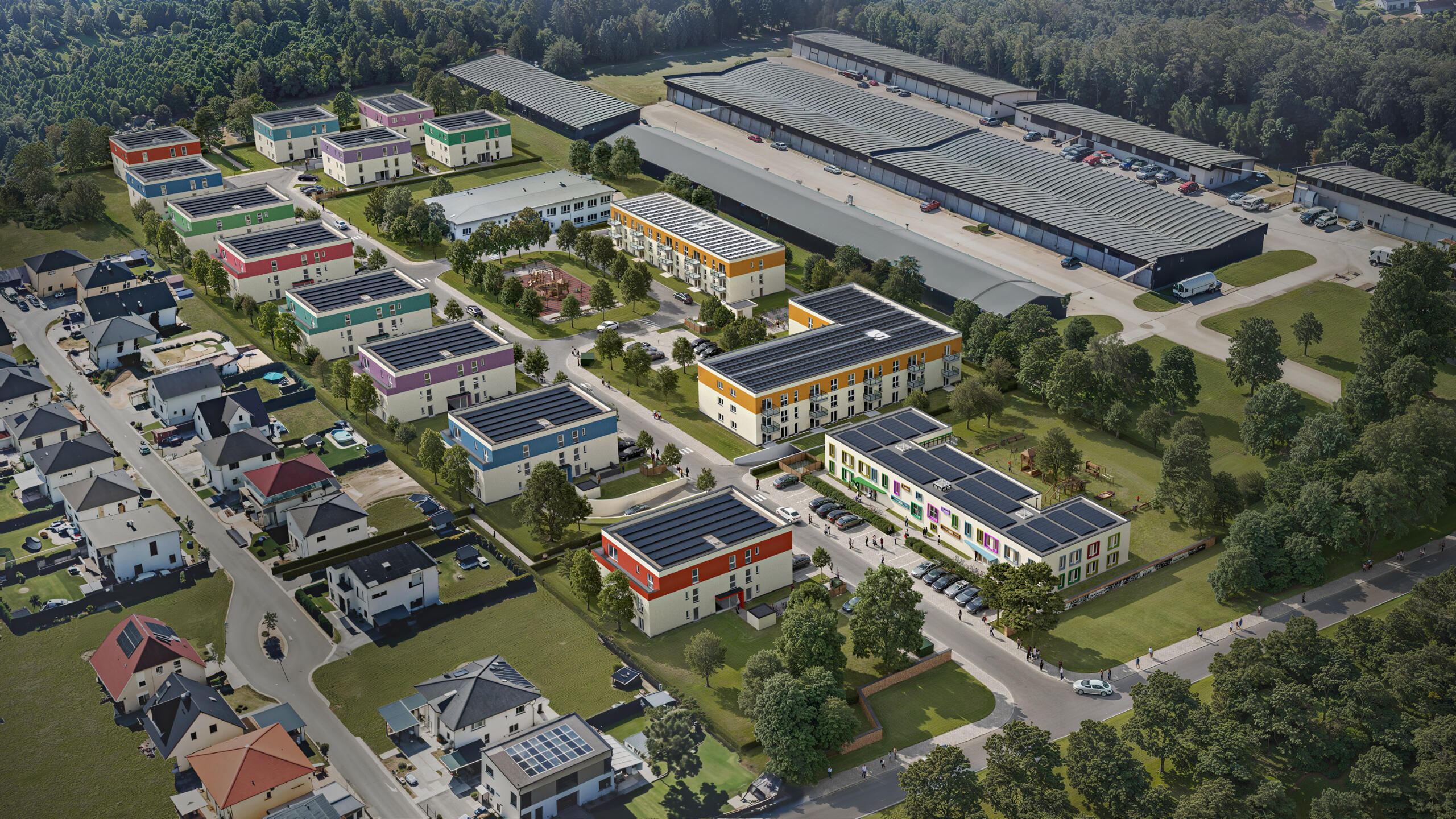 Aerial CGI of a residential area with colorful buildings and green zones