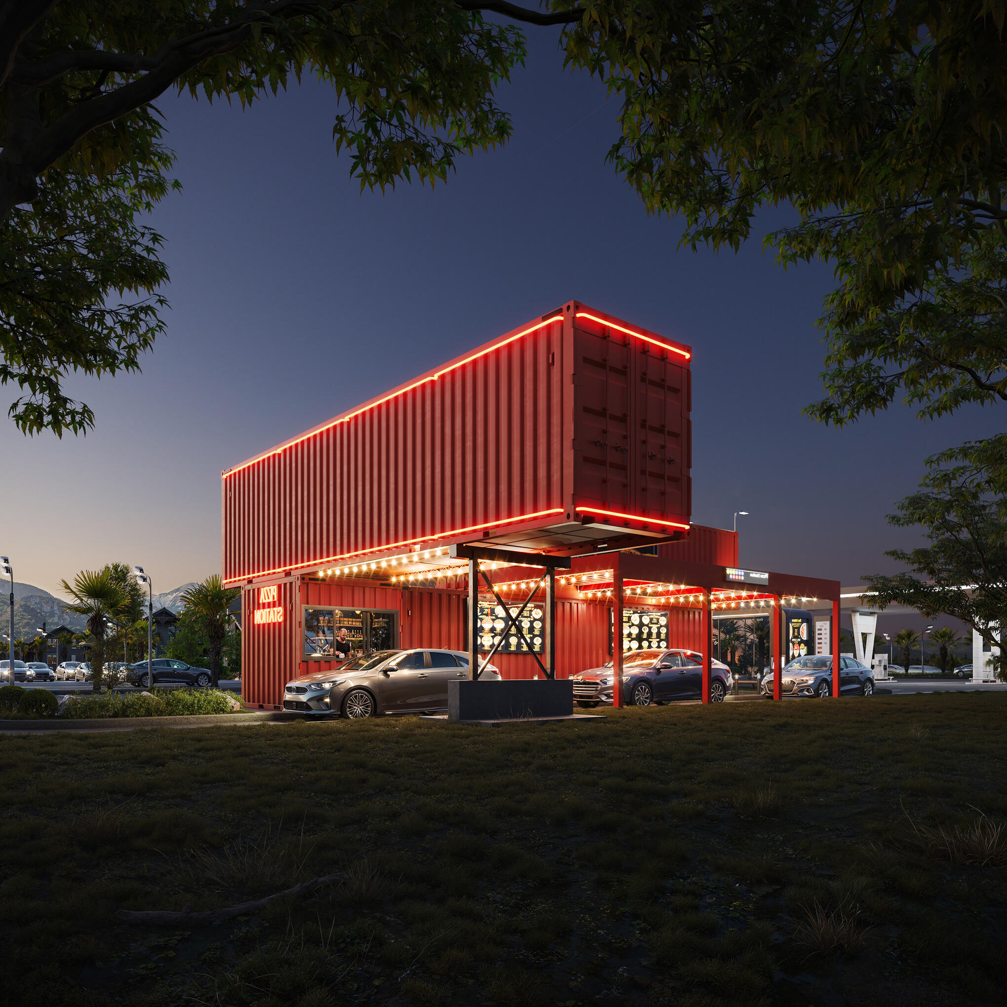 Nighttime rendering of a roadside takeaway with a cube-shaped design near the road – architectural concept High End