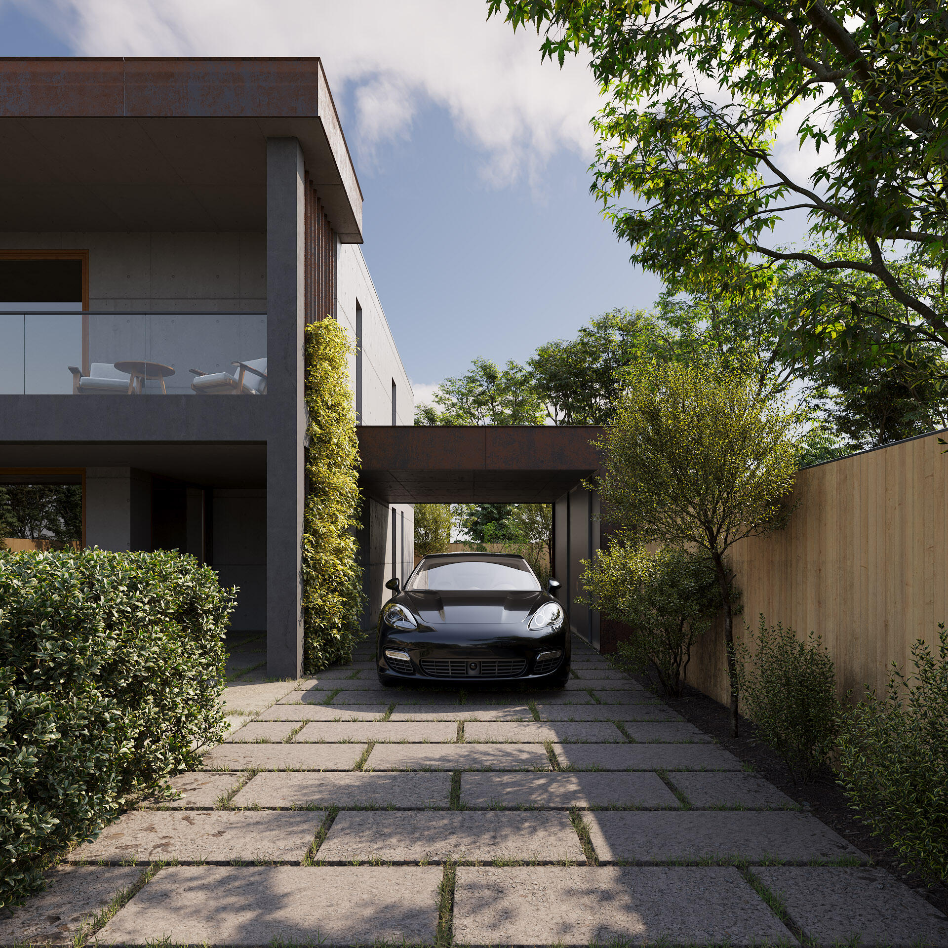 Contemporary house with carport and lush greenery – 3D render