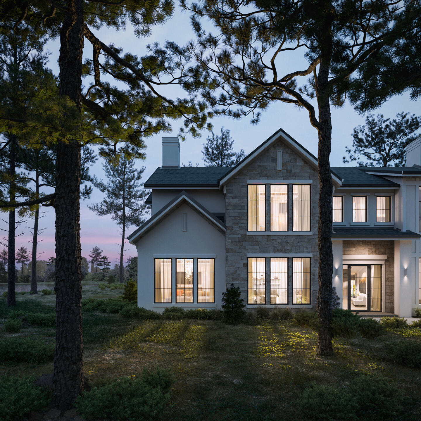 High-quality 3D rendering of a modern country house with stone and wood, situated on a hillside. Sunset photorealistic visualization