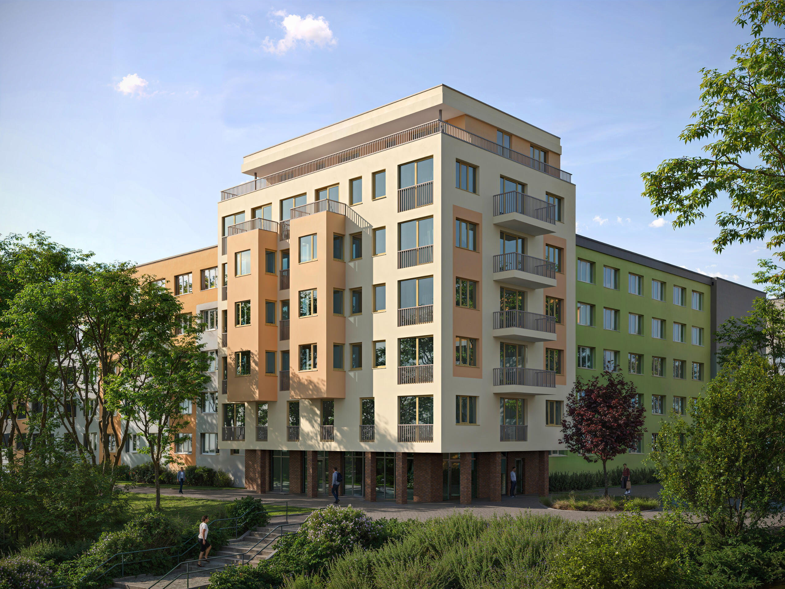 apartment-complex-yellow-facade-render Residential building with eco-friendly design and yellow facade – 3D visualization