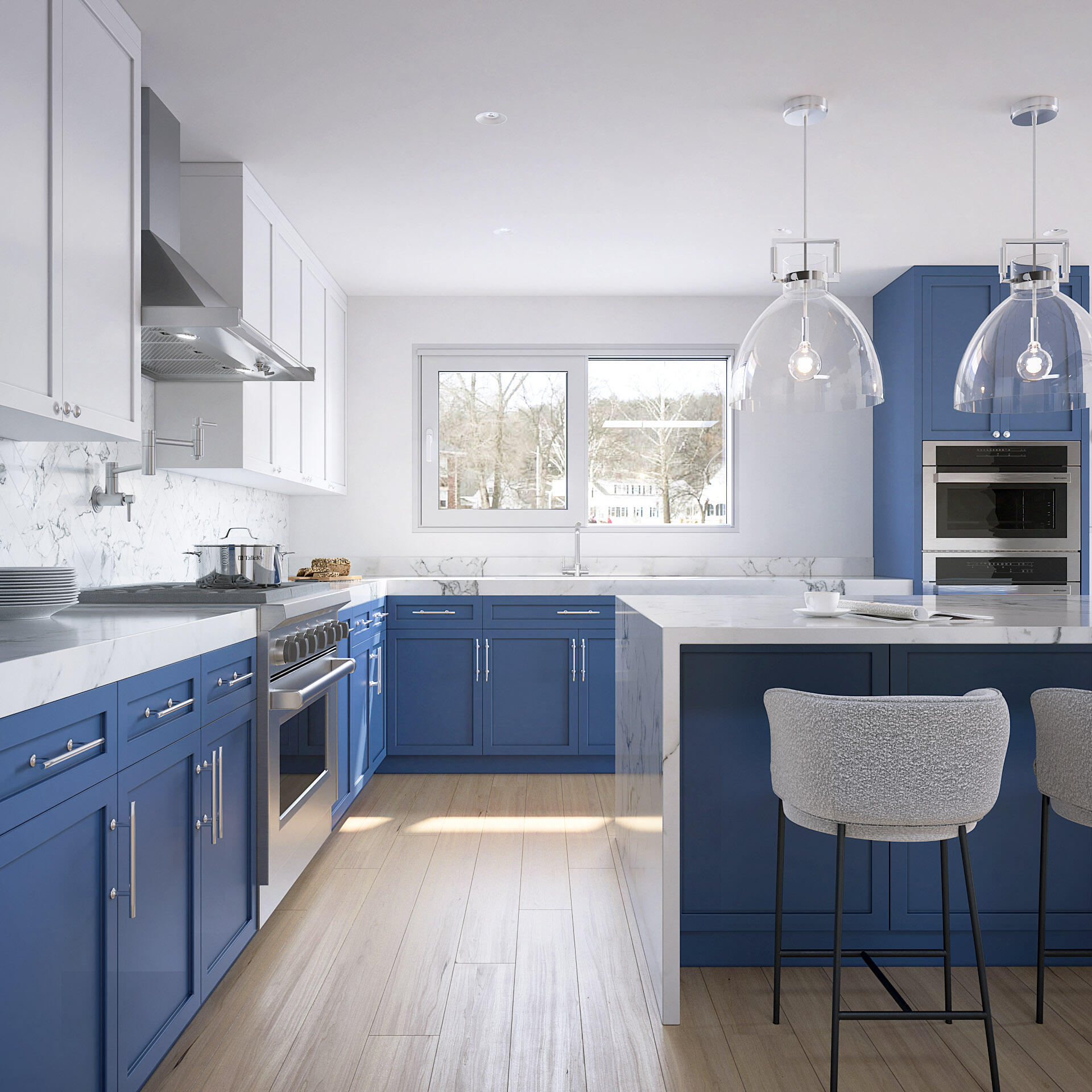 Bright kitchen interior with blue cabinetry, pendant lights and island bar