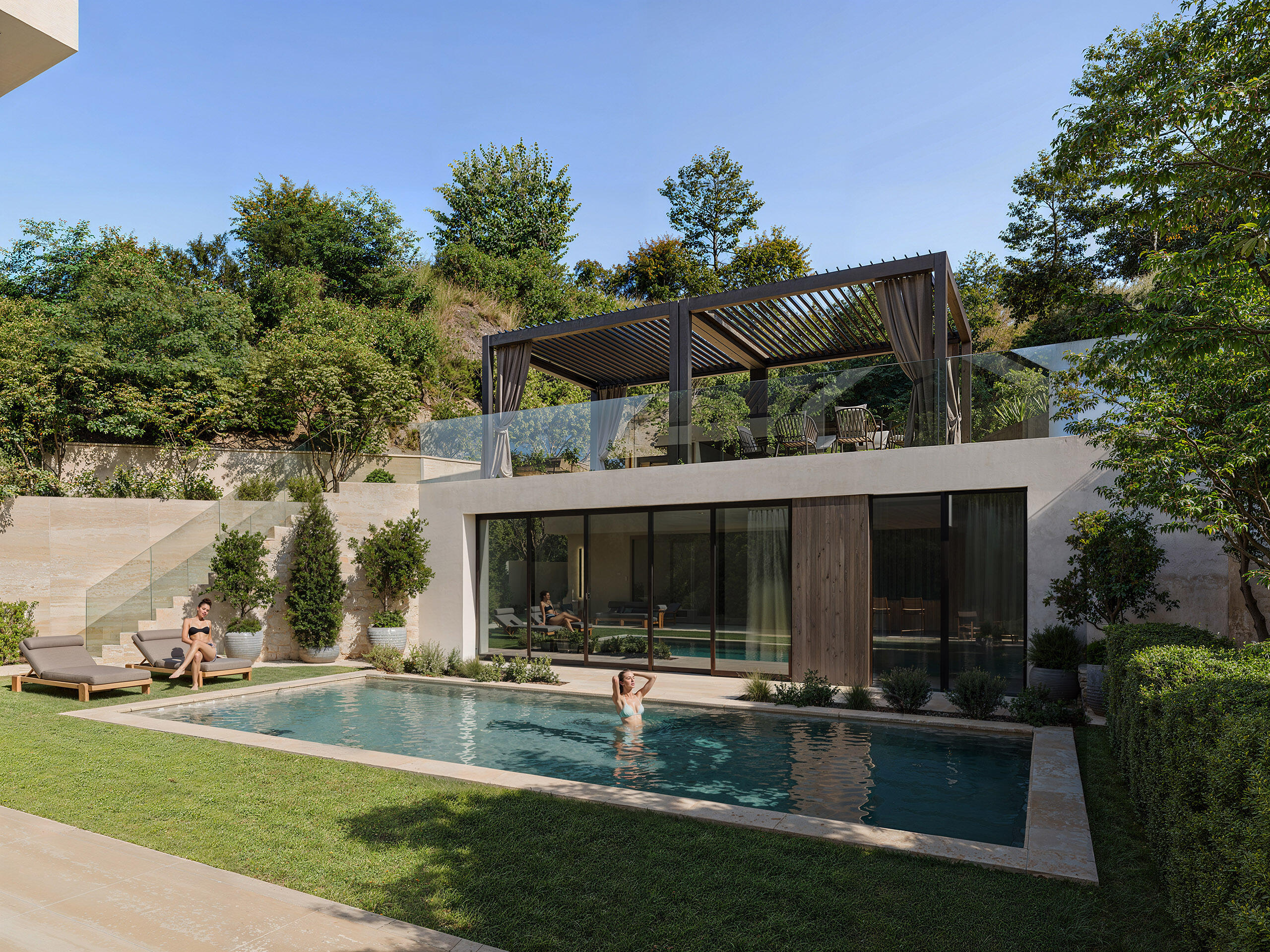 luxury-villa-with-pool-and-garden-3d-visual Luxury villa with swimming pool and wooden pergola in landscaped garden