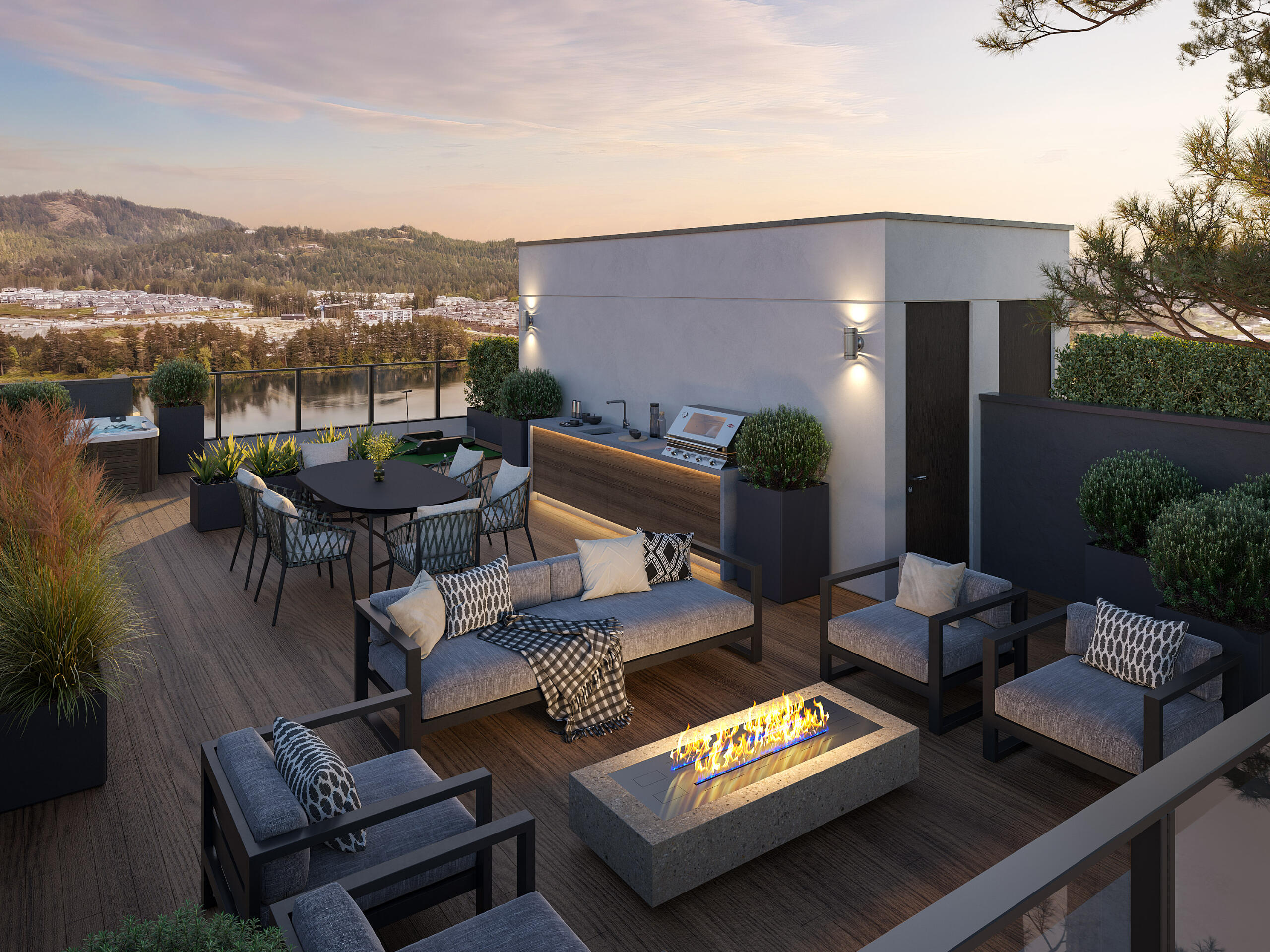 Modern rooftop terrace with fire pit, seating area and scenic city view