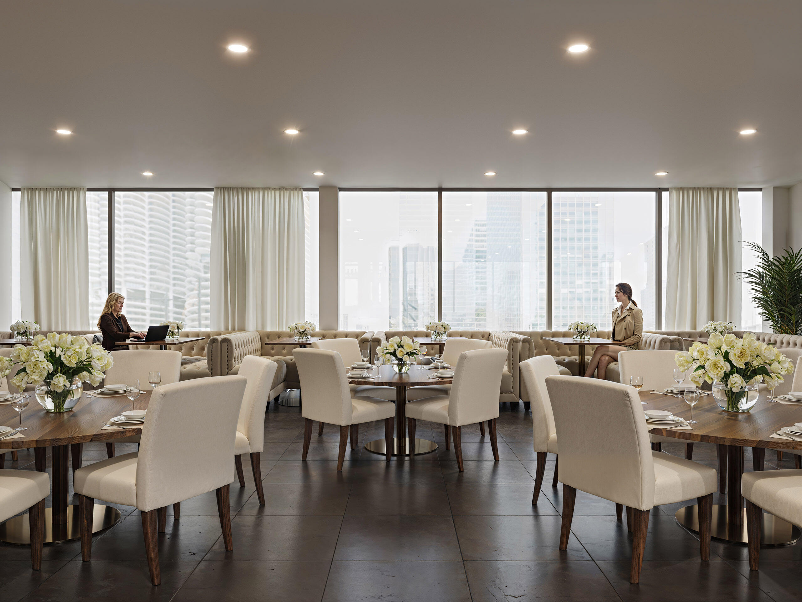 concept of a modern restaurant with panoramic windows - 3D visualization