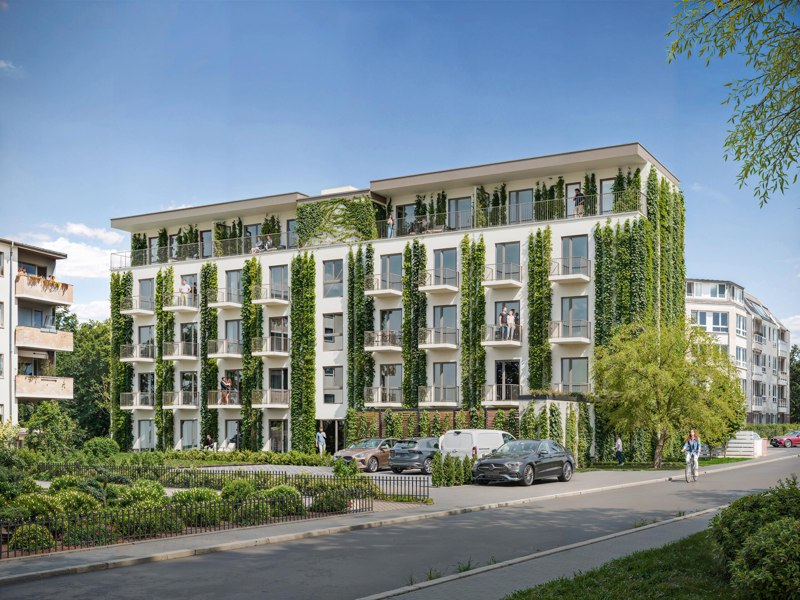 Architectural visualization of an eco-friendly green apartment building