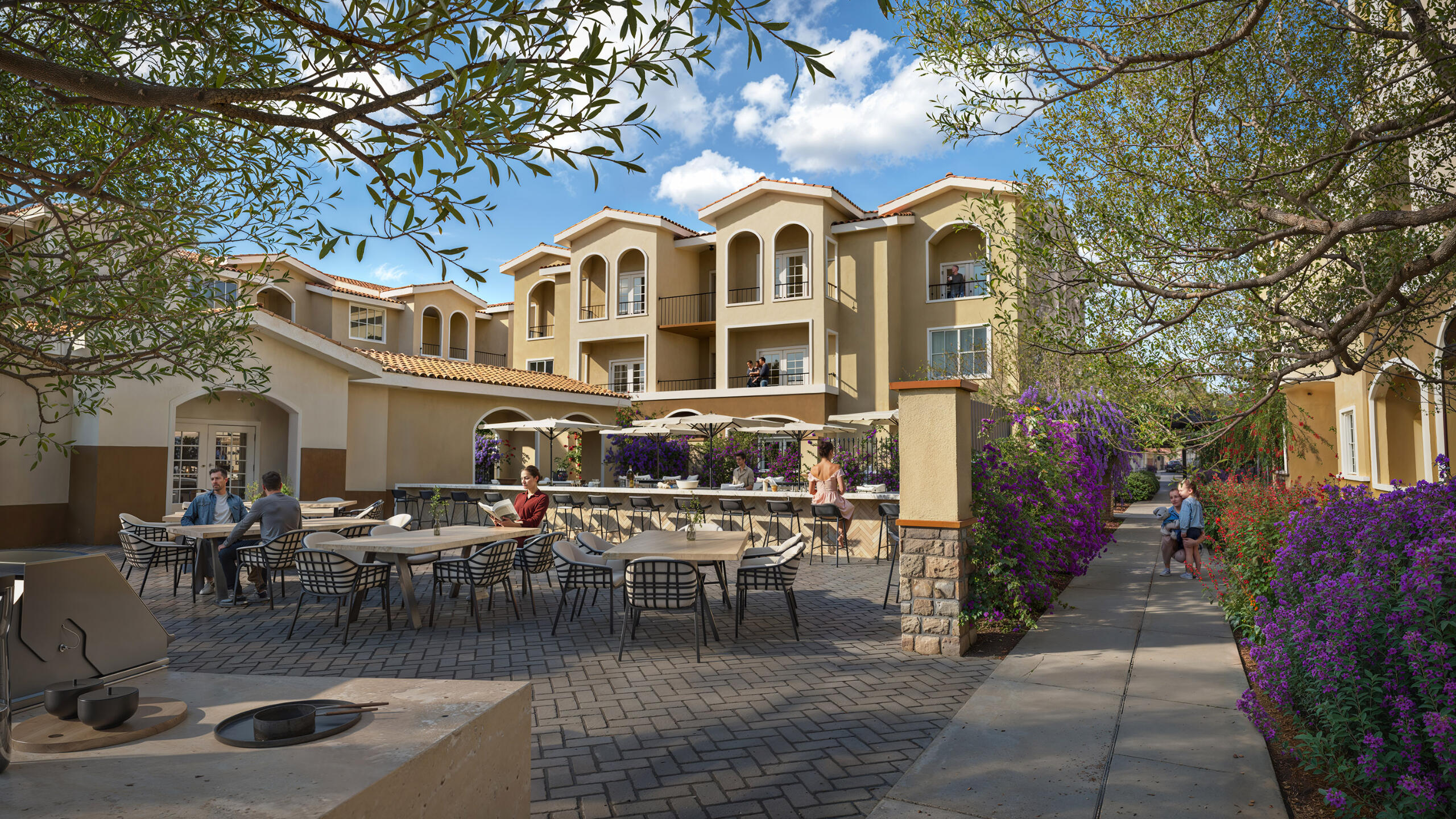 Courtyard cafe in Mediterranean-style residential complex – daytime render