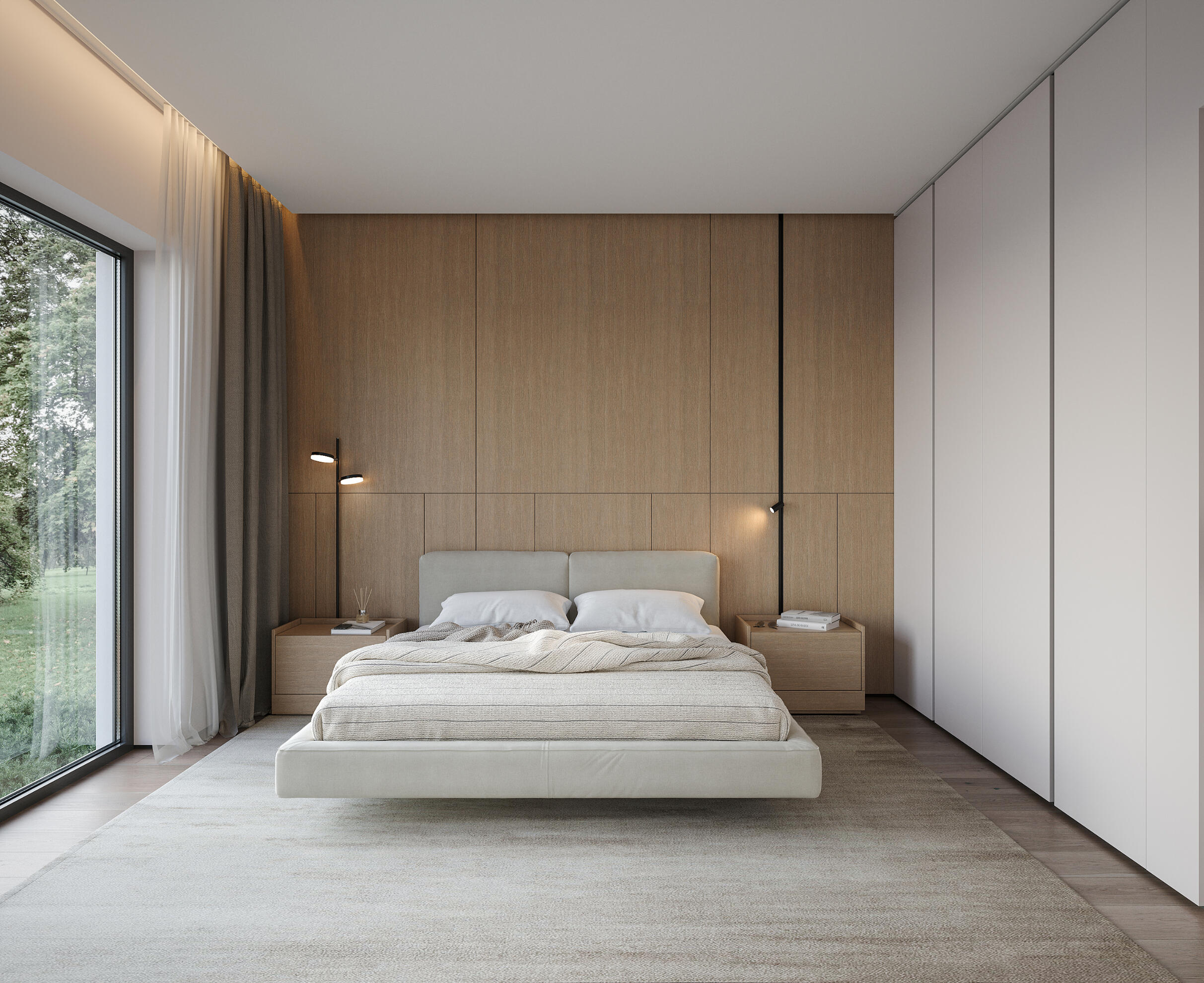 Photorealistic rendering of a minimalist master bedroom featuring a floating bed, light wood paneling, and large windows. High quality interior visualization.