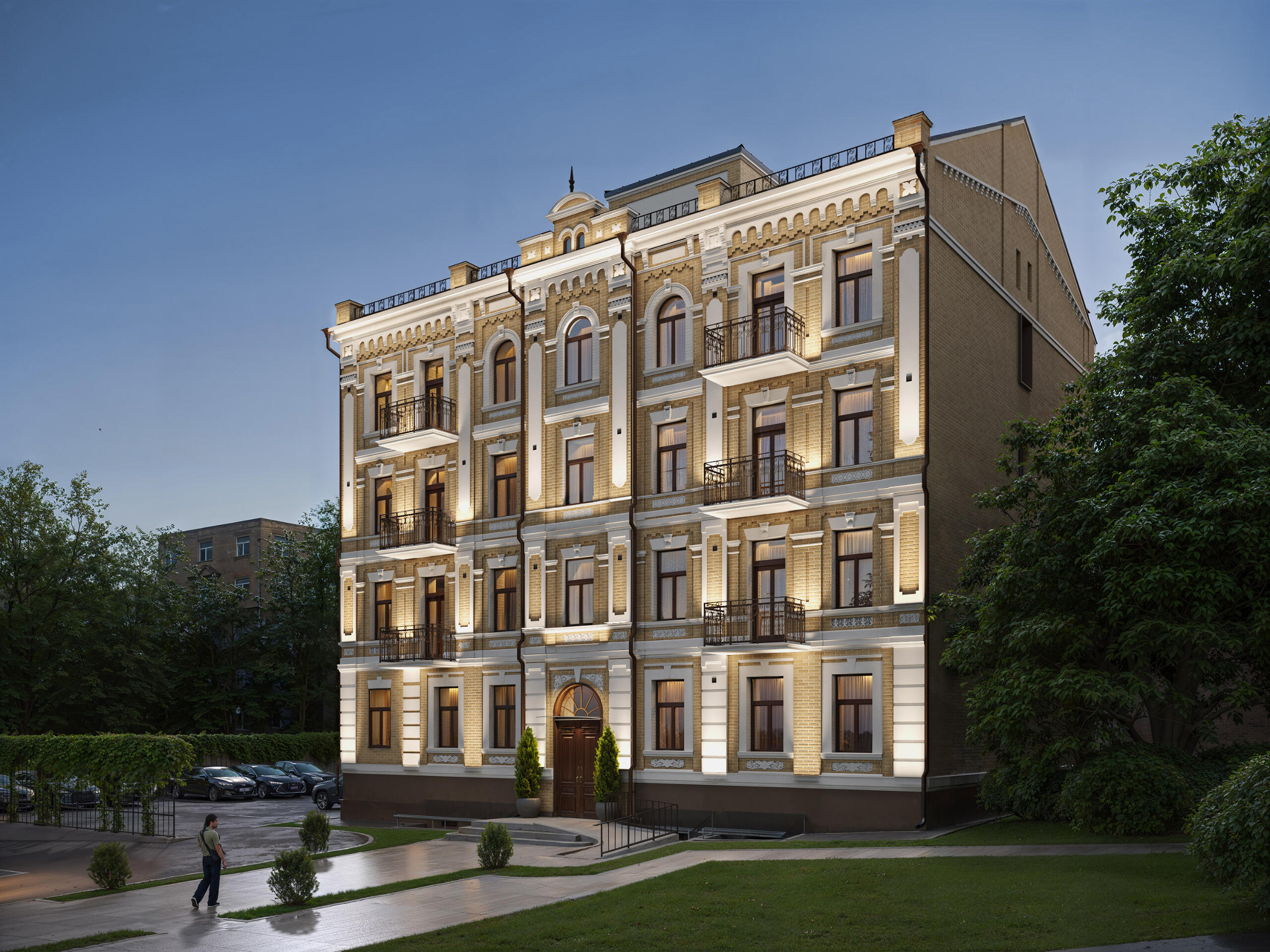 restored-historical-building-render Restored historic building facade with classic architectural elements – night view High-Quality 3D Render